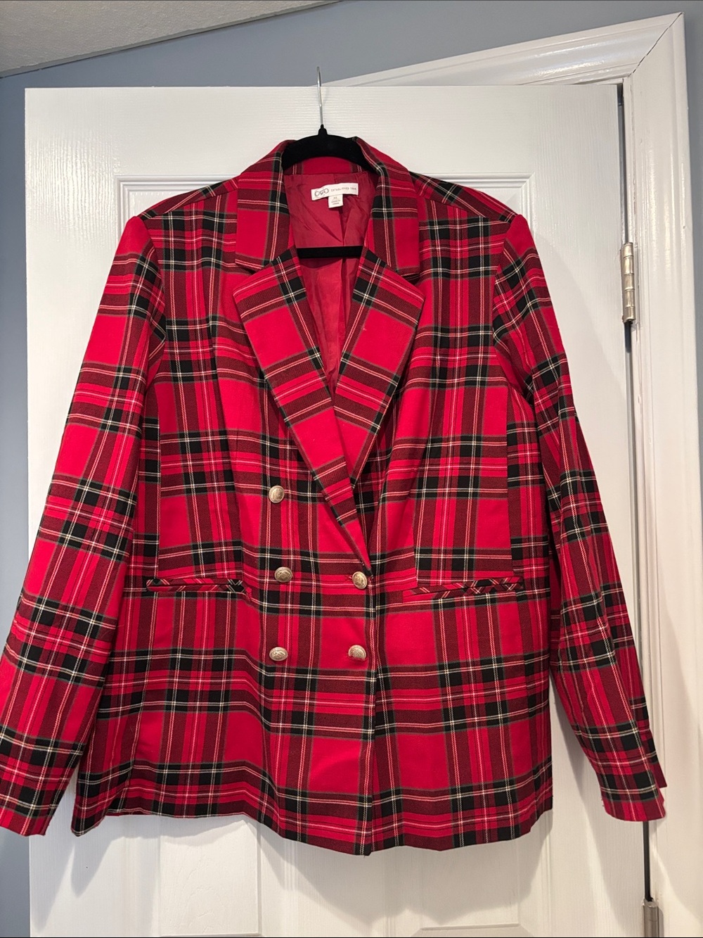 Cato Red Plaid Double-Breasted Blazer with Gold Buttons